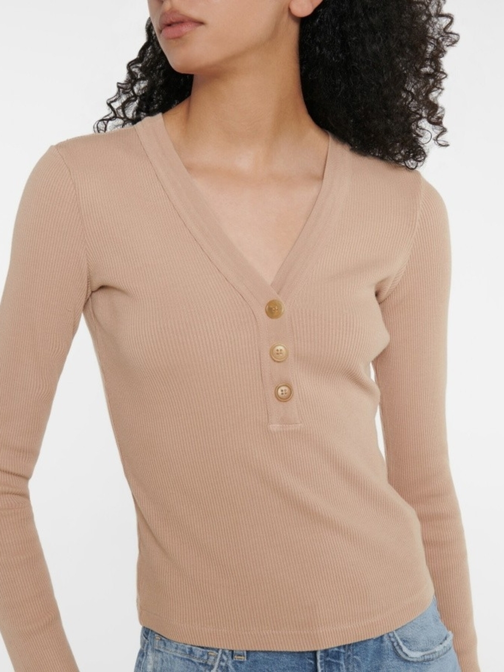Citizens of Humanity Varra Ribbed Henley Top Sandatlas Tan Beige XL